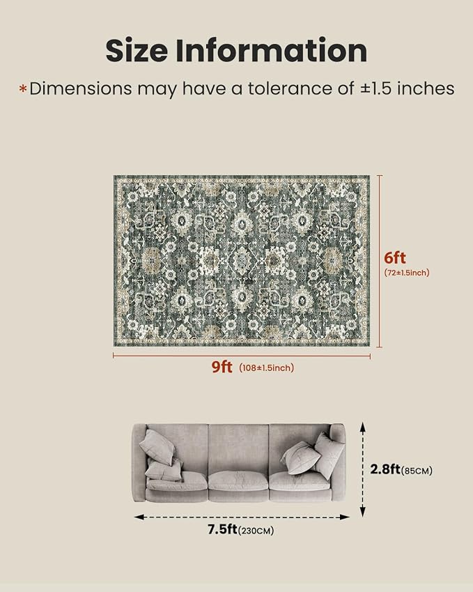 AMADA HOMEFURNISHING 6x9 Area Rugs, Blue Low-Profile Washable Rug with Non-Slip Backing & Durable Edge Binding, Vintage Rugs for Living Room, Bedroom, Dining Room