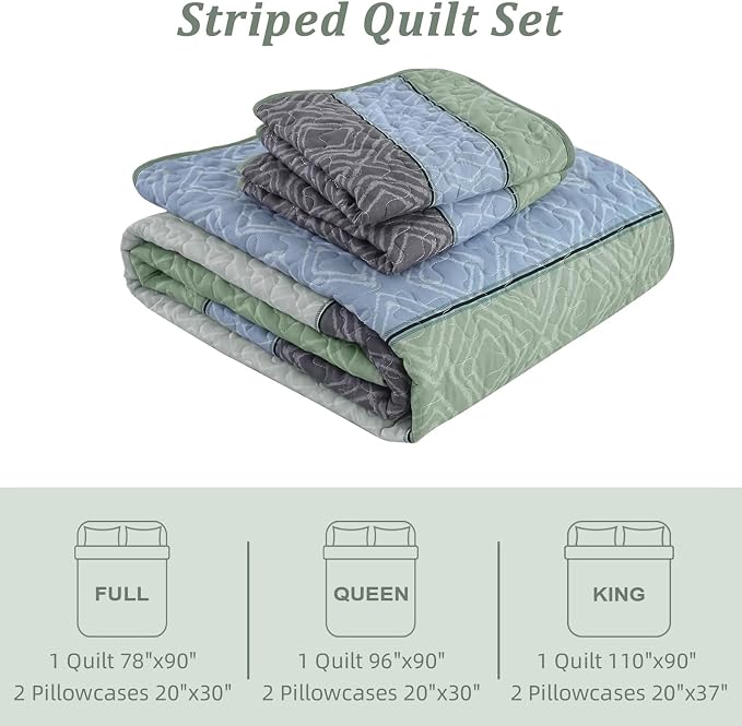 Cottolester Boho Full Quilt Set,Grey Green Striped Plaid Bedspread Coverlet | Lightweight Summer Coverlets Set with 2 PillowShams,All Seasons Microfiber Quilt Bedding Sets for Bedroom Guest Room 78"x90"