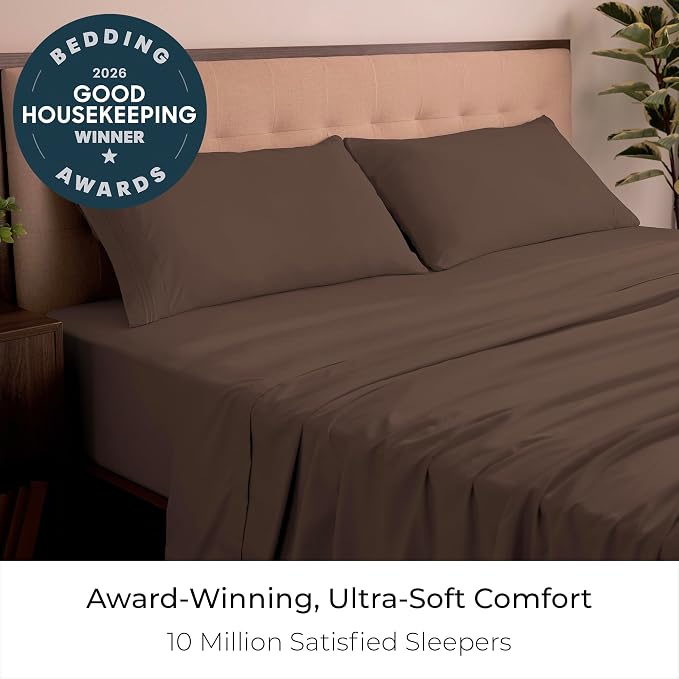 Mellanni Iconic 4-Piece, Ultra Soft Sheet Set (California King, Brown) | 10M+ Sleepers. Lab-tested: Sleeps Cool, Stays Bright, Strong, Smooth. Good Housekeeping Best Bedding, 7 yrs running.
