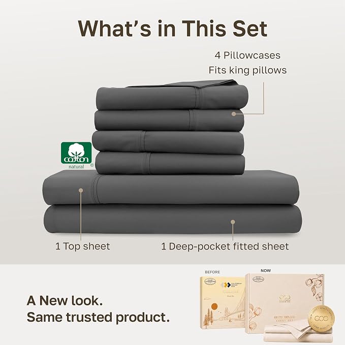 California Design Den Soft 100% Cotton Sateen King Sheets, 6 Pcs Set, Grey | 6 Pcs with 4 Pillowcases, 400 Thread Count Backed by Good Housekeeping Seal, 16" Deep Pocket, All-Around Elastic, Durable