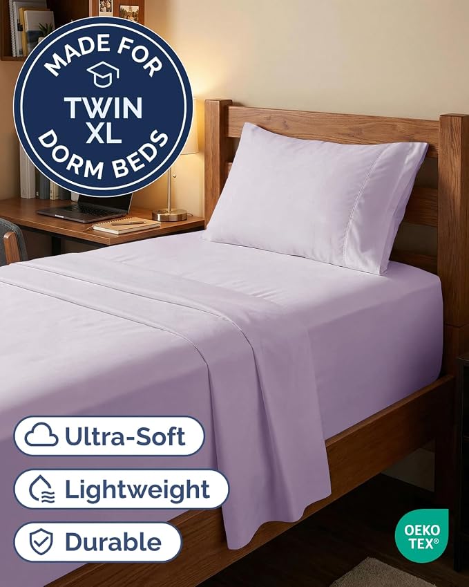 Extra Deep Twin XL Sheet Set - 3 Piece College Dorm Room - Light Lavender | Soft, Breathable & Cooling, Easily Fits 18 to 24 inch Mattress, Wrinkle Free & Fade Resistant with Extra Deep Pockets