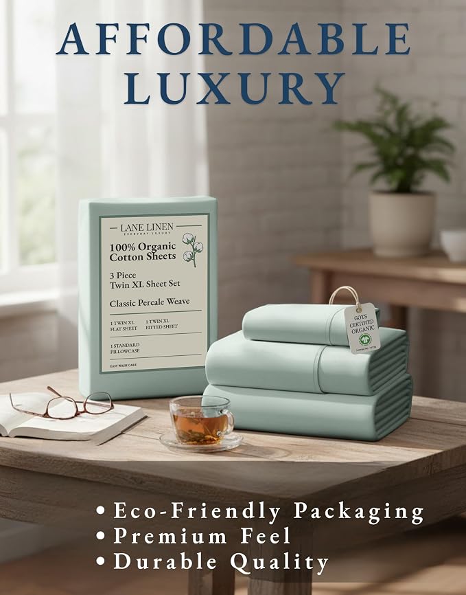 LANE LINEN Twin XL Sheet Set 100% Organic Cotton Soft 3pc - Cool Blue | Twin XL Sheets In Organic Cotton Percale - Breathable For Year-Round Sleep, Best-Value Organic Cotton, For Hot Sleepers