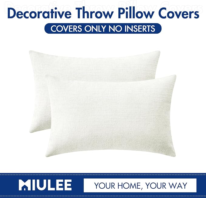 MIULEE Soft Chenille Lumbar Throw Pillow Covers White 12x20 Inch Pack of 2 | Modern Home Decor, Classic Decorative Pillows, Solid Dyed Cases, Boho Couch Cushion Covers for Sofa Bed Living Room