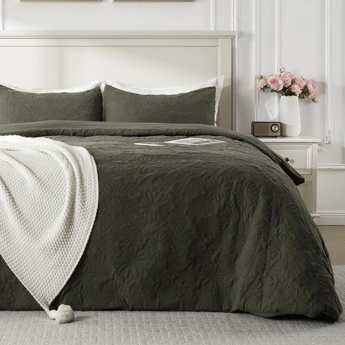 Velvet Olive Green Super Soft Twin Size Floral Textured Duvet Cover Set, 2 Pcs Bedding Comforter Covers with Button Closure for All Seasons, Includes 1 Duvet Cover and 1 Pillowcase (Olive, Twin Size)