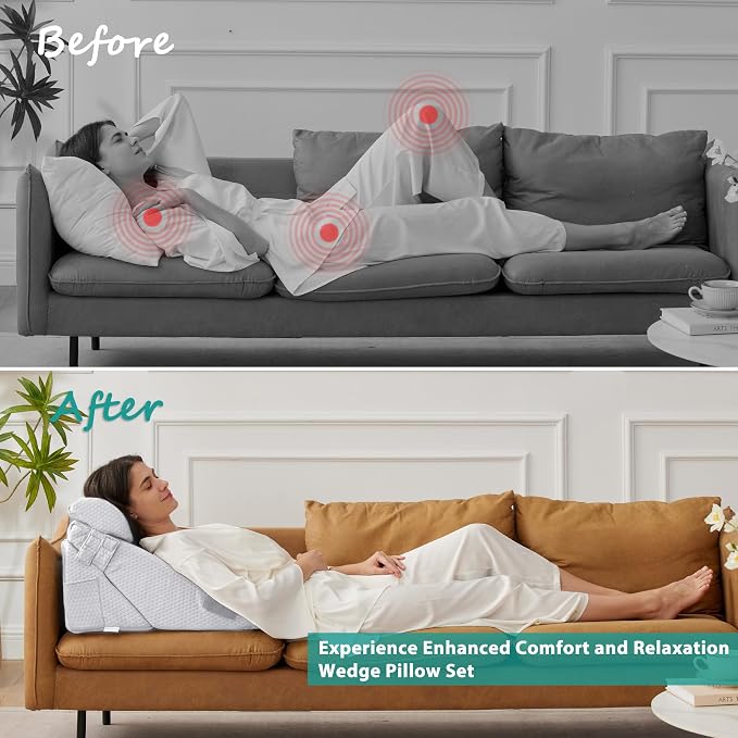 3Pcs Orthopedic Bed Wedge Pillow Set, Foam Wedge Pillow Post Surgery for Back, Leg and Knee Support, Adjustable 9&12 Inch Folding Triangle Pillow for Sleeping, Acid Reflux, Snoring, Light Grey