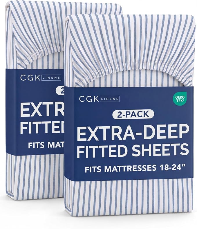 2 Pack Extra Deep Twin Fitted Sheets with Extra Deep Pockets - Blue Stripes | Hotel Luxury Bottom Fitted Sheets Only, Soft, Fade & Wrinkle Free, Breathable & Comfy, All Around Elastic Fitted Sheets