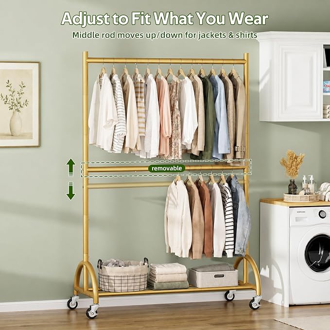 MISSLO Heavy Duty Clothing Racks for Hanging Clothes Double Rod Rolling Gold Clothes Rack with Wheels for Coats, Garment Closet Storage, Gold