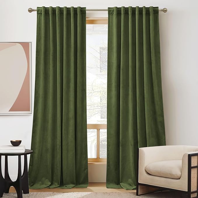 RYB HOME Velvet Curtains 108 inches Long, Extra Long High Ceiling Curtains | Thermal Insulated, Luxurious Home Decor, Curtains for Apartment Loft Large Windows, W52 x L108, Hunter Green, 2 Panels Set