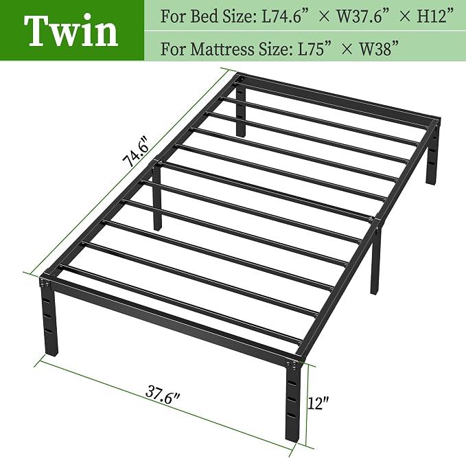 Metal Platform Bed Frame Twin Size, 12 Inch Height with Heavy Duty Steel Support, No Box Spring Needed, Easy Assembly and Underbed Storage,Black