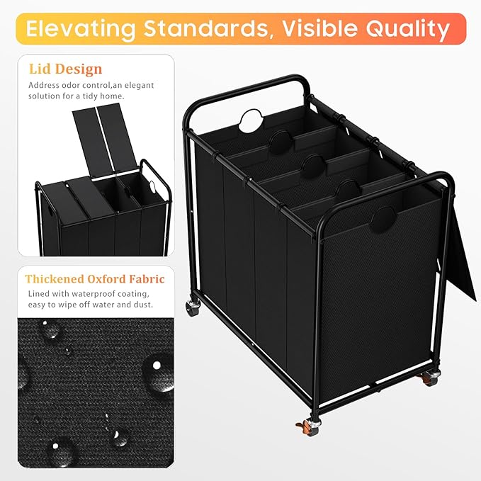 Laundry Sorter 4 Sections 48 Gal, Rolling Laundry Basket with Wheels ＆ Lid | Laundry Hamper, 4 Separated Removable Bags, Lockable Wheels, Dirty Clothes Hamper for Laundry Room Organizer, Black