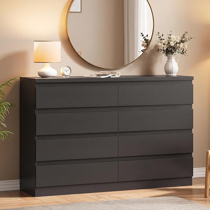MapleGrace Modern 8 Drawer Dresser, Simply Chest of Drawers for Bedroom, Wooden Storage Dresser with Deep Drawers for Living Room/Hallway/Entryway (Black)