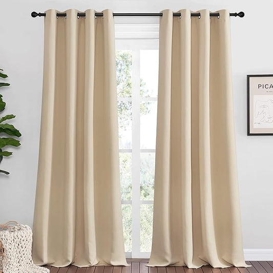 NICETOWN Bedroom Blackout Curtains Panels 1 Pair 55 x 92-in Biscotti Beige | Triple Weave Energy Saving Thermal Insulated Solid Grommet Blackout Draperies for Patio