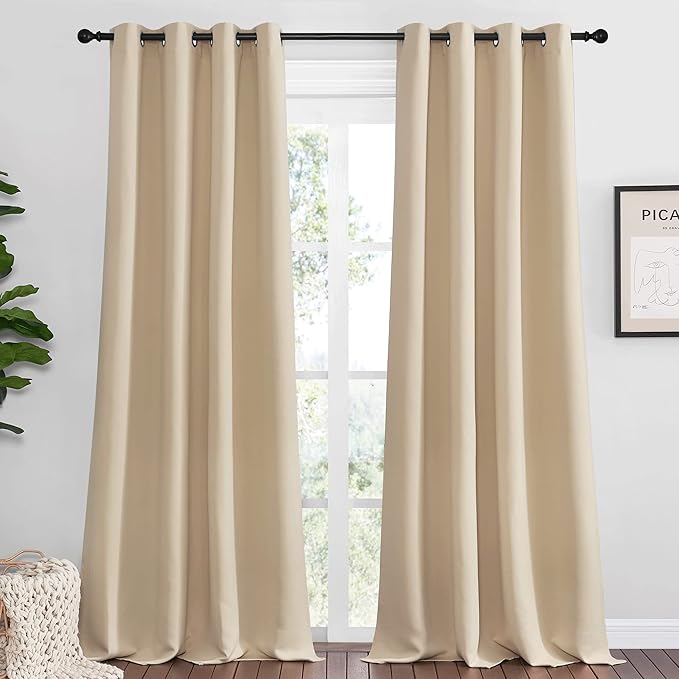 NICETOWN Bedroom Blackout Curtains Panels 1 Pair 55 x 94-in Biscotti Beige | Triple Weave Energy Saving Thermal Insulated Solid Grommet Blackout Draperies for Patio