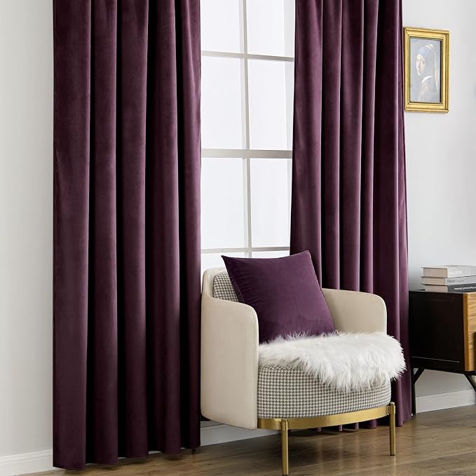 MIULEE Dark Purple Velvet Curtains 52x90 inches Luxury Blackout Curtains | Thermal Insulated, Super Soft Window Drapes for Bedroom Living Room, Rod Pocket & Back Tab