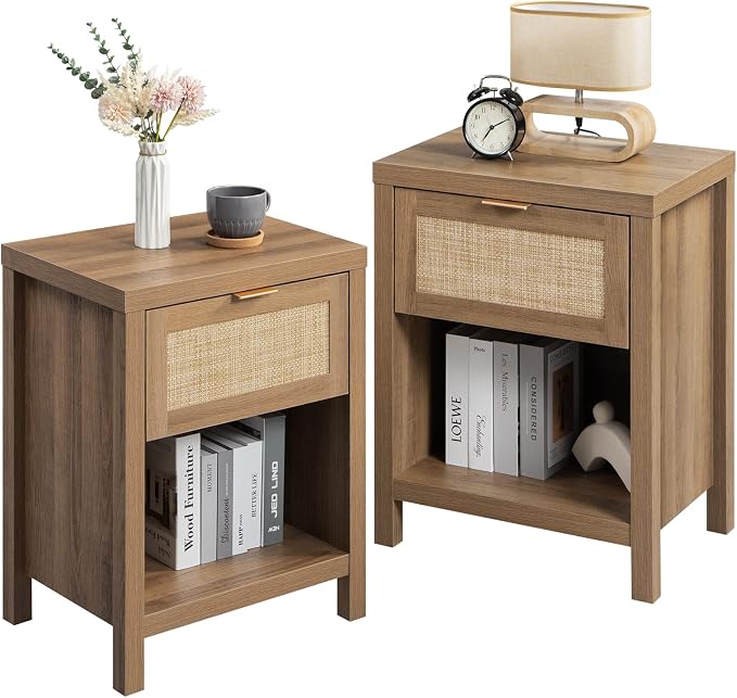 SICOTAS Night Stand Set 2 Rattan Nightstands with Drawer | Boho Bedside Table with Storage Shelf Farmhouse End Side Table for Bedroom, Oak