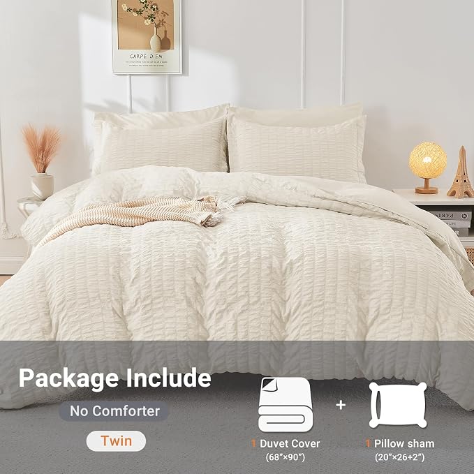 HYMOKEGE Ivory Twin Size Duvet Cover, Ultra Soft 2-Piece Seersucker Duvet Cover Set with Zipper Closure, Soft Brushed Microfiber Bedding Set with 8 Corner Ties (68"x90", 1 Pillowshams)