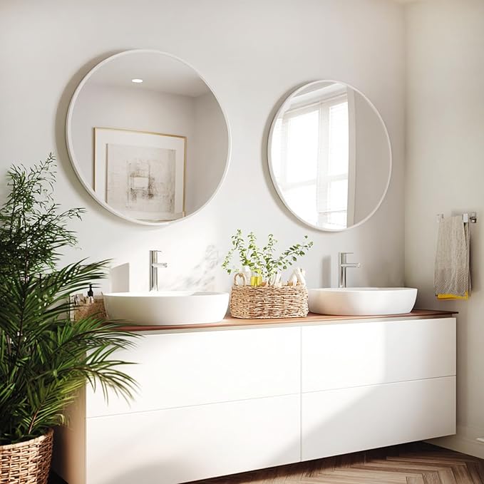 White Round Mirror 24 inch, 2 Pack Circle Mirror, Matte Metal Frame | High Definition Mirror, Waterproof, Sturdy, Circle Mirror for Bathroom, Bedroom, Entryway, Living Room, Wall Décor
