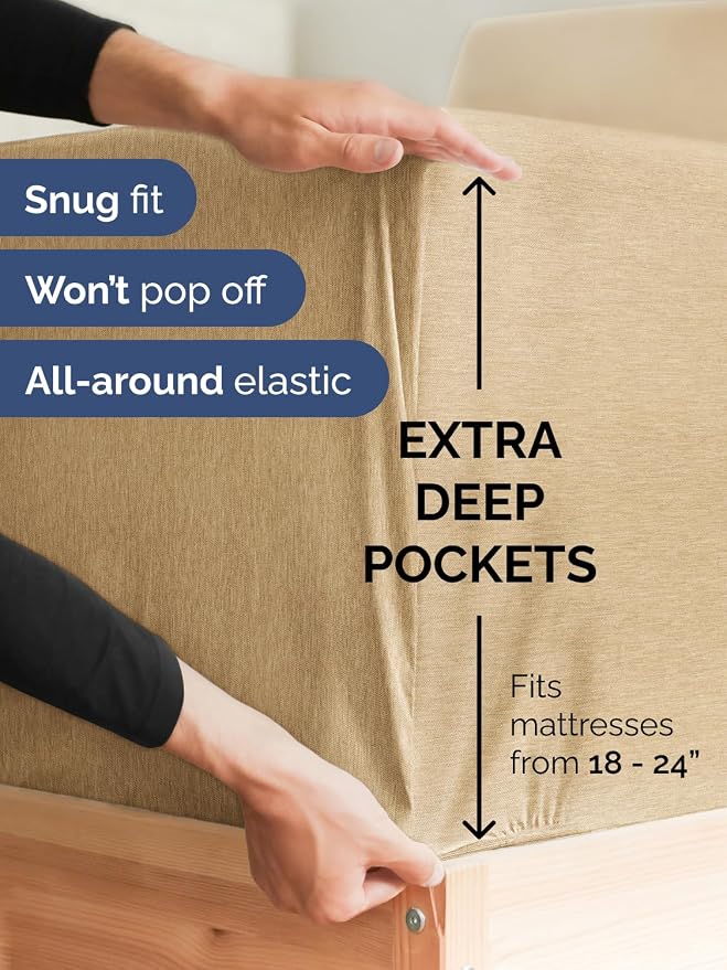 Extra Deep Queen Sheet Set - 4 Piece Breathable & Cooling - Heathered Tan | Easily Fits 18 to 24 inch Mattress - Ultra Soft, Wrinkle & Fade Free with Extra Deep Pockets - Comfy Hotel Luxury Bedding