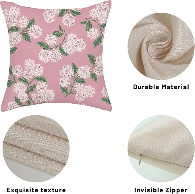 Pink Pillow Covers 18x18 Inch 2 Pcs Preppy Pink Green Hydrangea Flower Decor Throw Pillows Vintage Floral Seasonal Spring Summer Outdoor Decoration Pillowcase Linen Cushion Cover for Couch Sofa