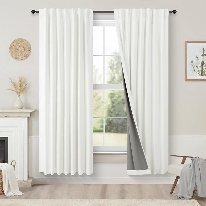 Pitalk Bedroom Blackout Curtains 63 Inches Long 2 Panel Thermal Curtain for Summer Heat Dining Living Room Darkening Back Tab Short Drapes for 62 Inch Window Length Boho Linen Textured Ivory Off White