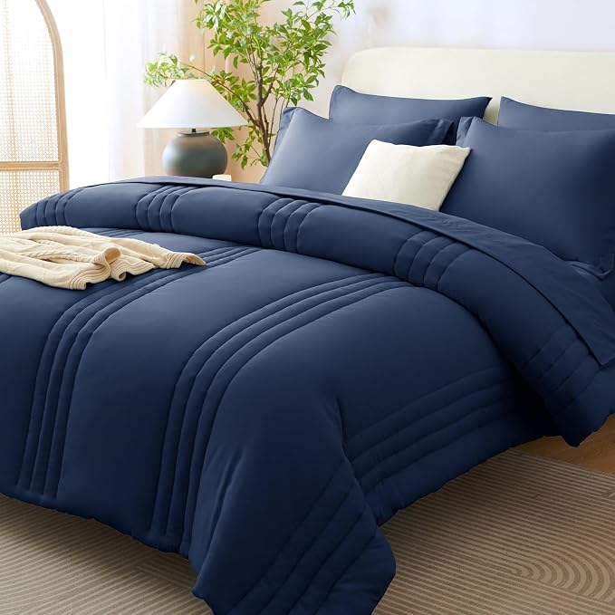 Super King Plus Comforter Set Navy Blue - Oversized 128x120 Bed Set | Maximum King-Bed Coverage, 240GSM Down-Alternative Fill, 14" Deep-Pocket Sheets, Shams & Pillowcases, Lightweight
