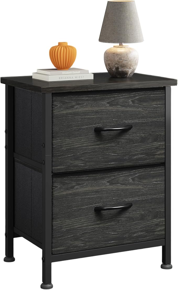 WLIVE Night Stand, Small Dresser with 2 Drawers & Wooden Top, Nightstand with Fabric Bins, Bedside Table End Table for Bedroom, Closet, Entryway, College Dorm, Charcoal Black | Nightstand with Fabric Bins, Bedside Table End Table for Bedroom, Kids Room