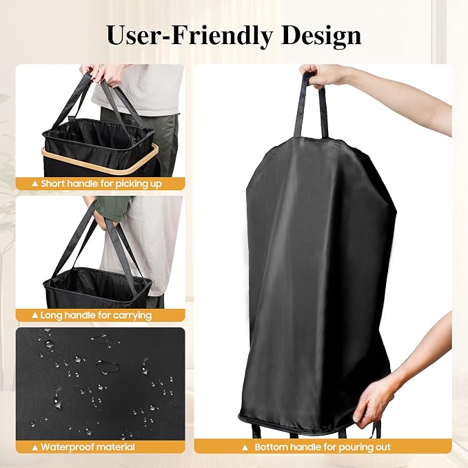 Foluck Large Laundry Hamper, 75L Waterproof Laundry Basket with Lid and Removable Bag, Collapsible Tall Clothes Hamper with Bamboo Handles for Clothes Toys in Dorm Bedroom Bathroom, Black