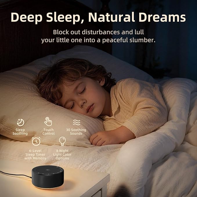 Kipcush White Noise Machine for Baby & Adults, 30 Soothing Sounds, Soft Non-Glare Nursery Lamp, 8 Color Night Lights, Memory Function (Angel V2 Black, Standard)