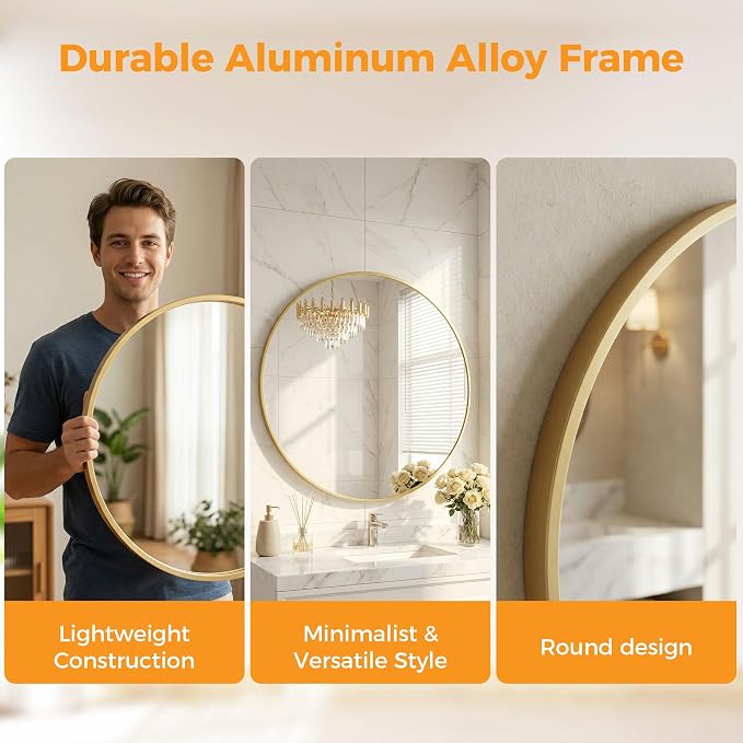 Sweetcrispy Round Bathroom Wall Mirror, Vanity Mirror, 30 Inch | Matte Metal Frame, Wall Mounted, Over Sink, Entryway Decor, Bedroom Decor, Gold
