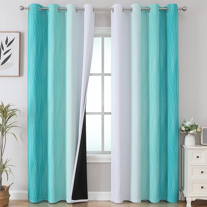 Teal and Grayish White Ombre Blackout Curtains Living Room 108 Inches Long | Estelar Textiler Room Darkening Curtains for Bedroom,Thermal Insulated,Energy Saving Grommet Window Drapes,52Wx108L,2 Panels