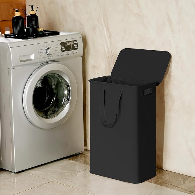 efluky Slim Laundry Basket with Lid, Narrow Laundry Hamper with Handles, Collapsible Dirty Clothes Hamper, Tall Laundry Bin for Laundry Room, Dorm and Bedroom, 55L Black