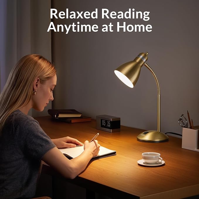 LEPOWER Metal Desk Lamp, Adjustable GooseNeck Reading Light for Bedroom | Compact & Sturdy, Space-Saving for Bedside & Dorm, E26 Table Lamp, Eye-Caring, Ldeal for Study, Office, Back to School