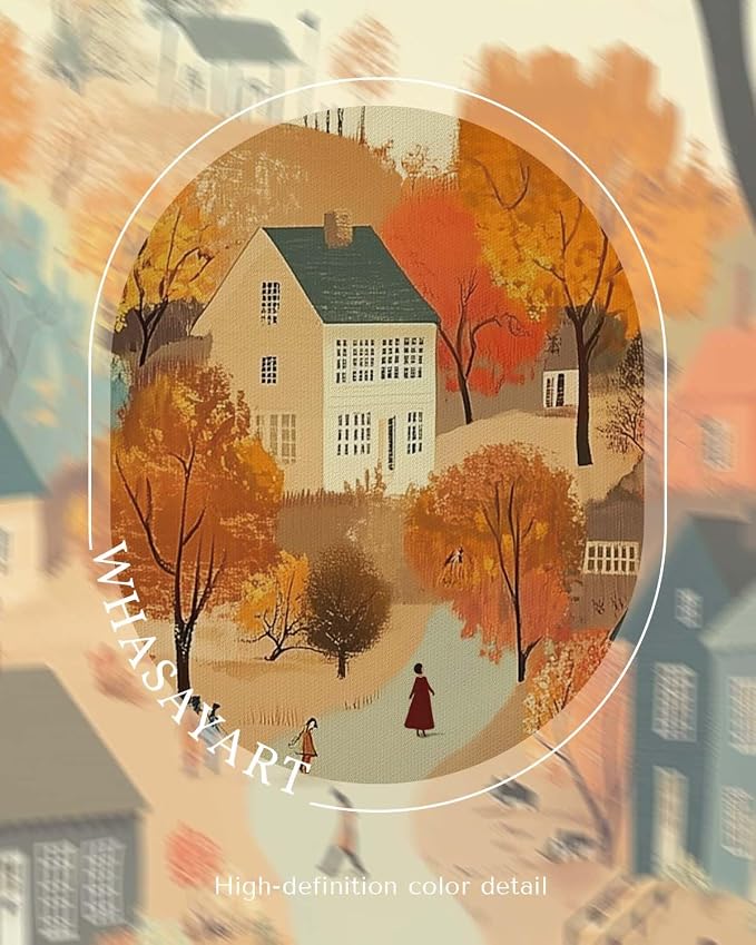 WHASAYART Autumn Cozy Village Landscape Scene 16x24 Framed Canvas Print, Rustic Fall Country Trees Wall Art with Warm Colors, Thanksgiving House Office Entryway Seasonal Decor