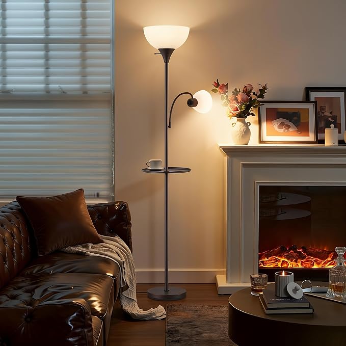 72" Floor Lamp with Table, Adjustable Reading Lights, Torchiere Floor Lamps | Modern for Living Room, Bedroom, Office, Brown【Bulb not included】