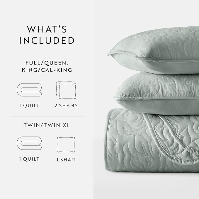 Merit Linens Modern Quilt Coverlet Soft Set in Floral Stitching - King/Cal-King Eucalyptus