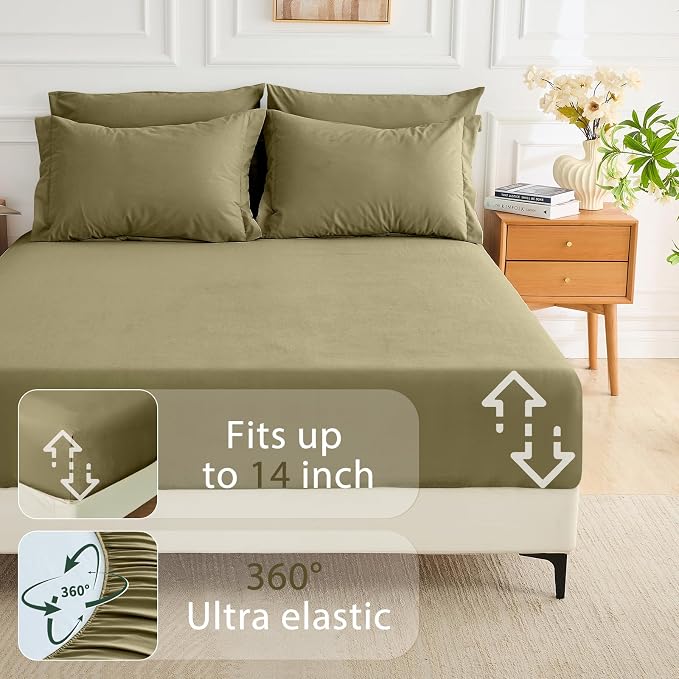 7 Pieces Queen Comforter Set, Soft Bed in a Bag Queen Size, All Season Bedding Set with Comforter, Flat Sheet, Fitted Sheet, Pillowcases & Shams, Olive Green
