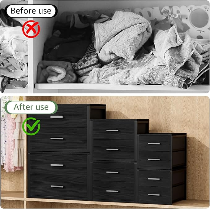 BOLUO Stackable Storage Drawers Narrow Closet Organizers and Storage Fabric Black 2 Drawer Dresser for Bedroom 2 Packs Modern
