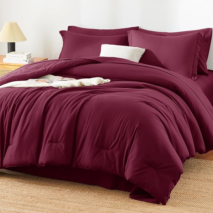 HIMEET King Comforter Set, 7-Piece Point-Quilted Bed in a Bag, Burgundy | OEKO-TEX Certified, Lightweight 240 GSM Comforter, Flat Sheet, 14-Inch Deep-Pocket Fitted Sheet, Pillowcases & Shams