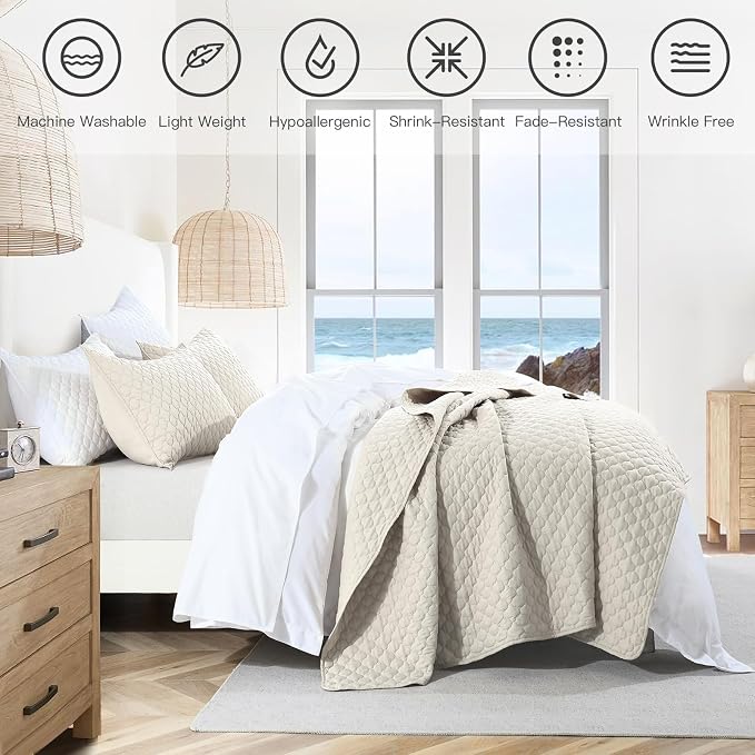 HORIMOTE HOME Quilt Set King Size Beige Bedspread, Modern Style Quilted Clouds Pattern Soft Coverlet Set Lightweight Microfiber Quilted Bedspread for All Season