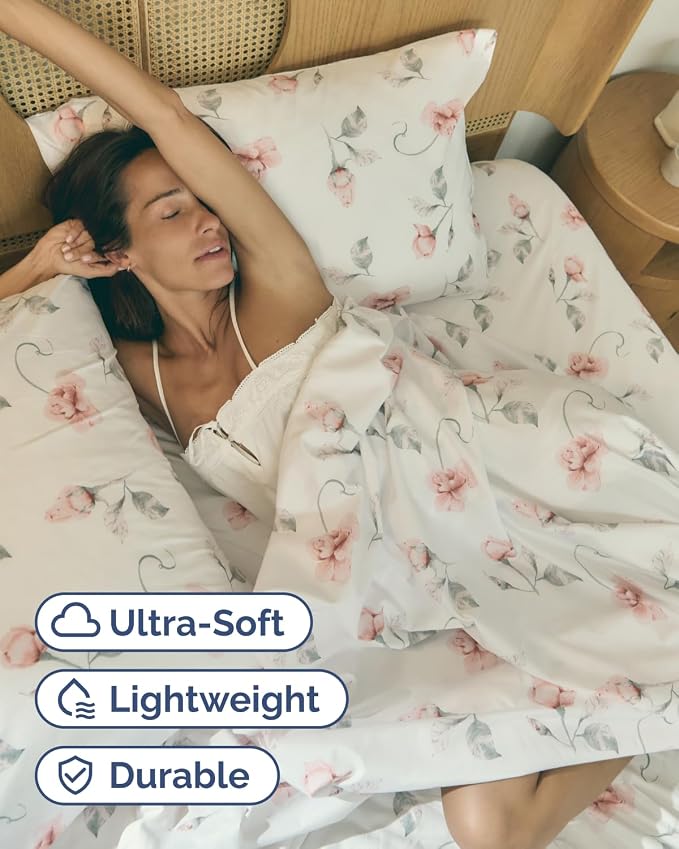 Cal King 4 Piece Floral Sheet Set - Soft, Breathable & Cooling - Rosebud | 1 Flat, 1 Fitted & 2 Pillowcases w/ Deep Pockets, Boho Botanical Floral Bedding, Breathable & Cooling, Wrinkle & Fade Free