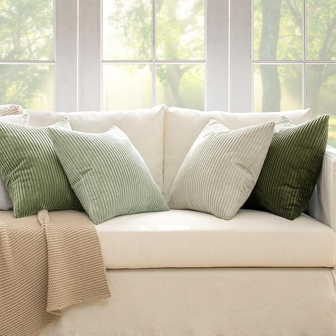 MIULEE Soft Corduroy Decorative Throw Pillow Covers Light Green 24x24 | Set of 4, Mordern Nordic Decor, Light Green Gradient Matching, Boho Farmhouse Cushion Covers for Couch Bed Sofa Living Room