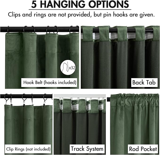 MIULEE Velvet Curtains 50W x 96L 2 Panels Olive Green Blackout Curtains | Luxury velvet fabric, pinch pleat design, back tab hooks, thermal insulated, blackout light blocking, for living room bedroom