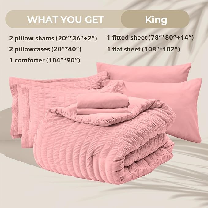 HYMOKEGE Rose Pink King Size Comforter Set Seersucker 7 Pieces, All Season Luxury Bed in a Bag for Bedroom, Bedding Set with Comforter, Sheets, Pillowcases & Shams