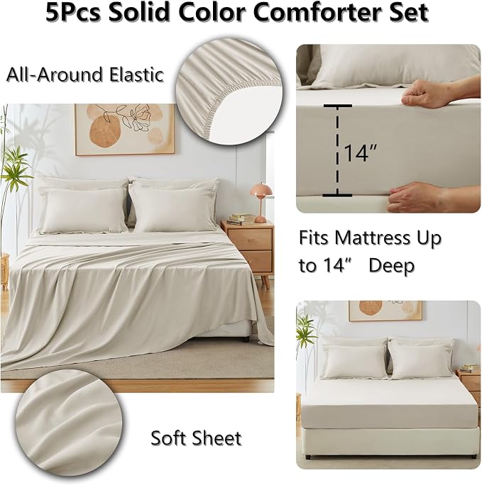 Twin XL Comforter Beige, 5 Pieces Bed in a Bag | College Dorm Essentials, OEKO-TEX Certified, 240GSM Down Alternative Comforter, Flat & Fitted Sheets, Pillowcase & Sham