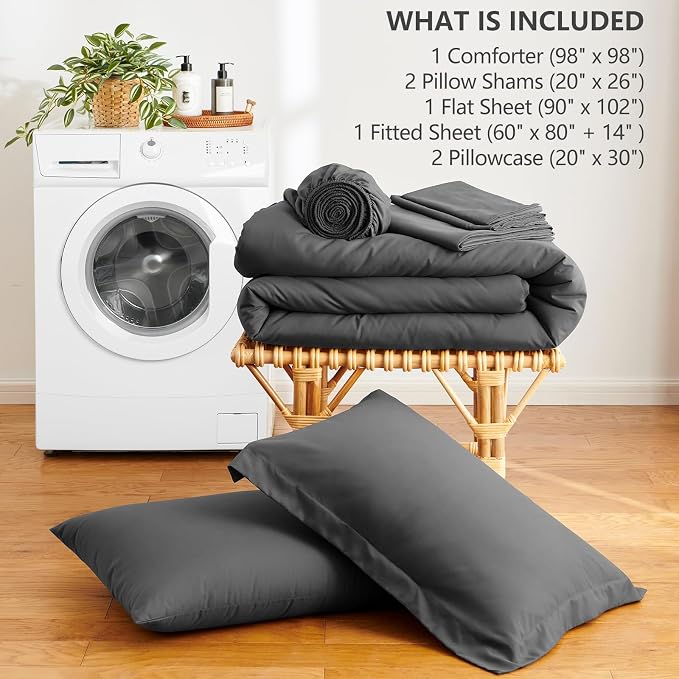 HIMEET Oversized Queen Comforter Sets, 7-Piece Point-Quilted, Dark Grey | OEKO-TEX Certified, Lightweight 240 GSM Comforter, Flat Sheet, 14-Inch Deep-Pocket Fitted Sheet, Pillowcases & Shams