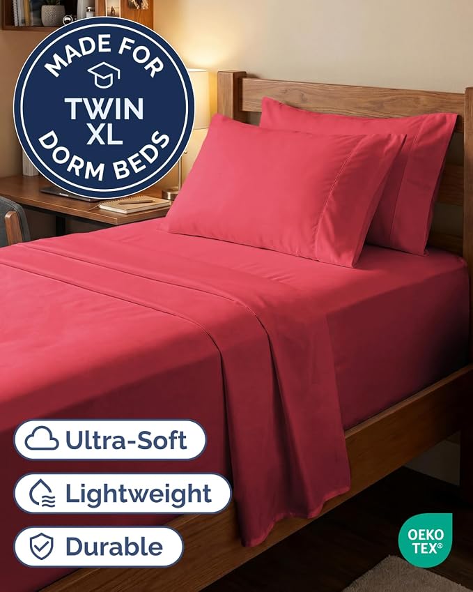 Extra Deep Twin XL Sheet Set - 4 Piece College Dorm Room - Red | College Dorm Room Essentials, Easy & Secure Fit, Ultra-Soft, Wrinkle & Fade Free, Comfy Sheets Set with Extra Deep Pockets