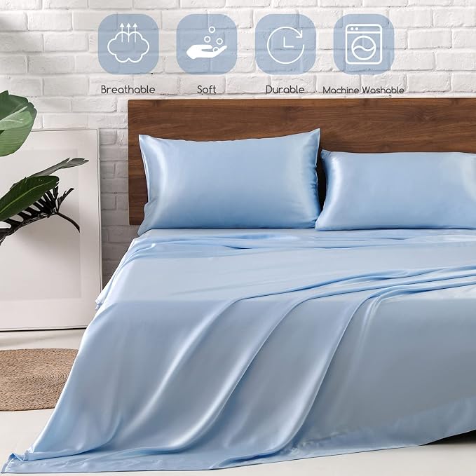 MR&HM Satin Sheets Twin XL Size with Elastic Corner Straps, Light Blue | Similar to Silk, 3-Piece Silky Soft Bed Sheet Set, Gentle on Skin and Hair, 15" Deep Pocket, Cooling & Breathable