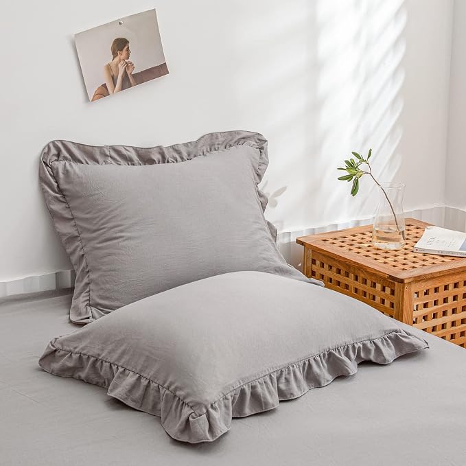 Light Gray Pillowcases King Pillowcases Cute Pillow Cover Gray Ruffled Pillow Shams Set of 2 Chic Boho Pillowcases 2 Pack (King (20''x36''), Light Grey)