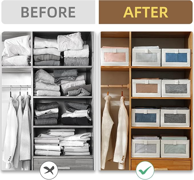 Linen Closet Organizers And Storage, 8 Pack Closet Storage Bins Linen Closet Baskets for Closet Organization Foldable Closet Organizer Bins with Clear Window For Organizing Clothing, Jeans, Shelves