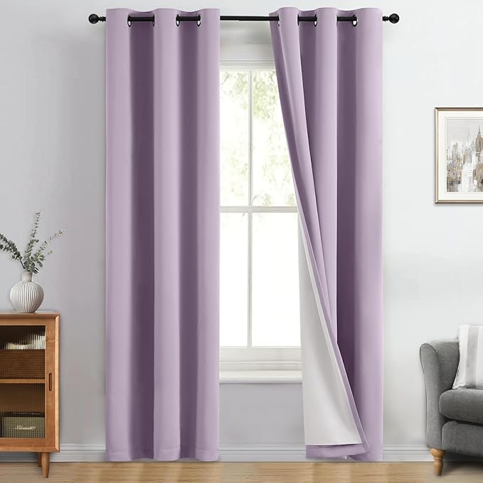 Yakamok Lilac 100% Blackout Curtains 96 Inches Long for Bedroom 50" Wide | Blackout Curtain Panels for Bedroom, 2 Thick Layers Grommet Top Thermal Insulated Drapes with White Back for Living Room